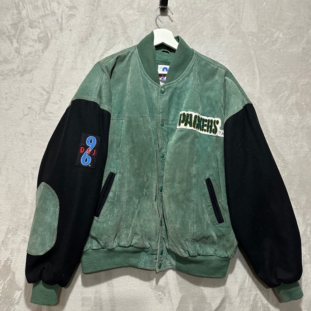 Vintage DSJ 96 Green Bay Packers Suede Leather Wool Varsity Jacket Green Mens M